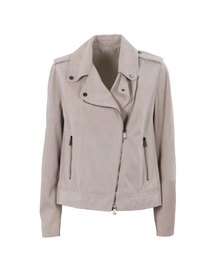 Shop BRUNELLO CUCINELLI  Short Coat: Brunello Cucinelli suede biker jacket with jewel.
Zip and double slider closure.
Silk blend crêpe lining.
Chiodo style collar.
Lower pockets with zip.
Nickel-free monili decoration.
Composition: 100% leather.
Made in Italy.. M0PCL2873-C8809